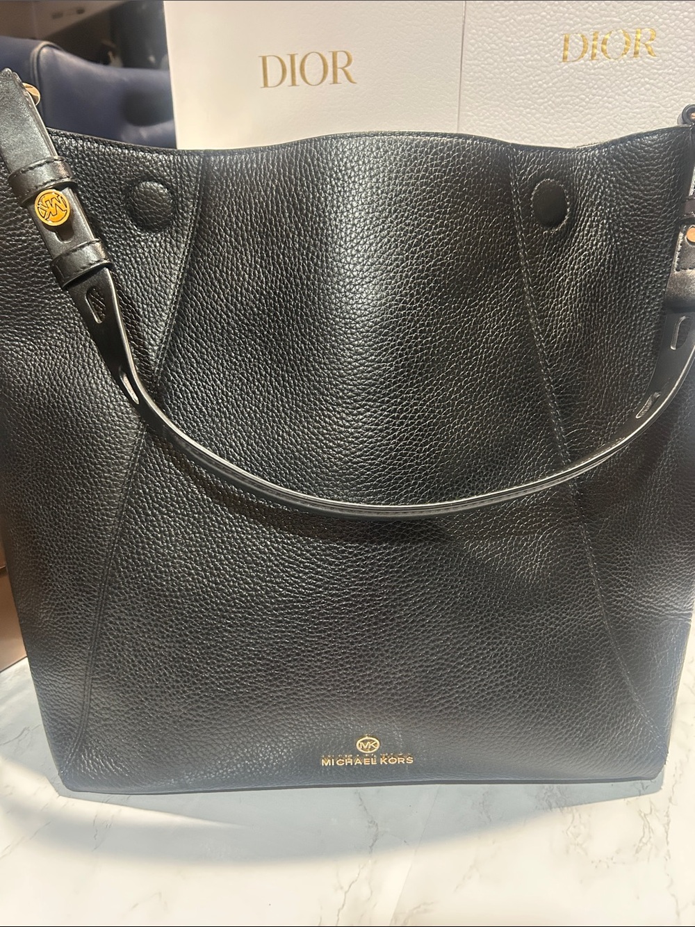 Michael Kors Black Pebbled Leather Tote Bag with Gold Hardware